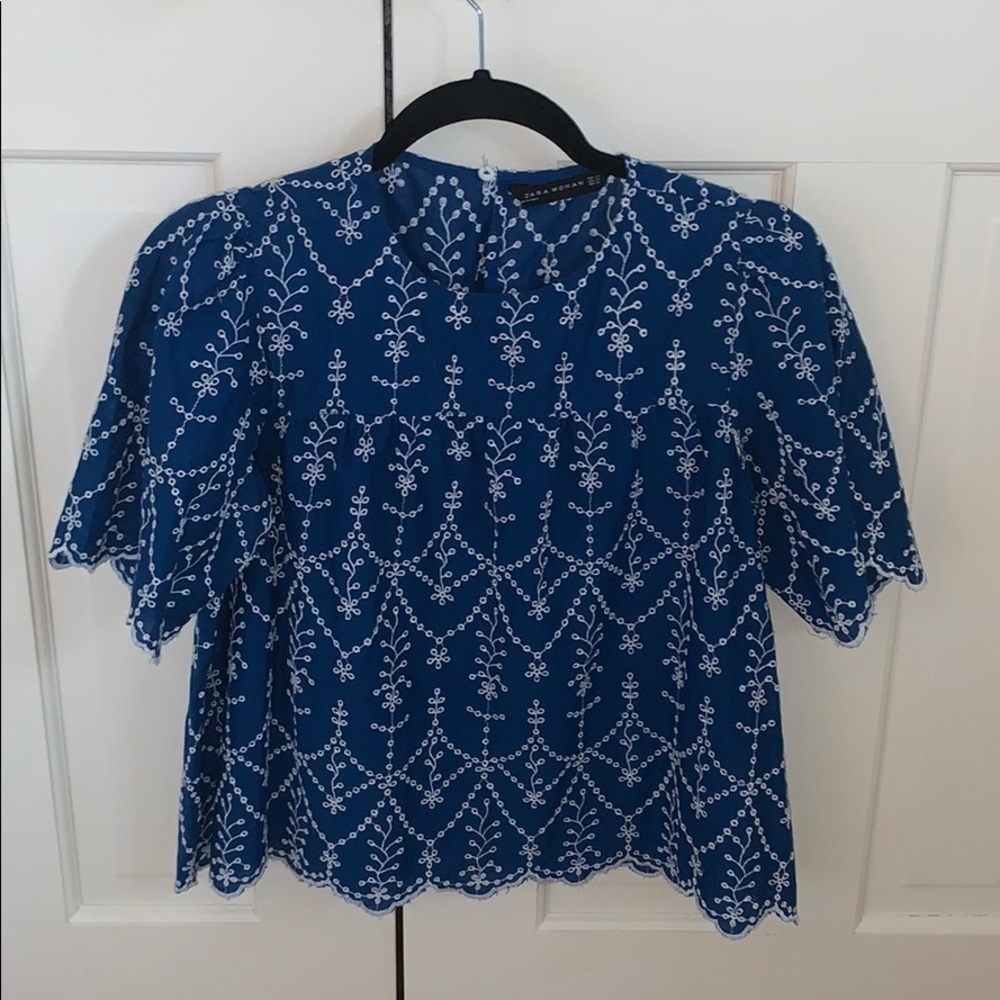 Zara Embroidered Blue and White Top